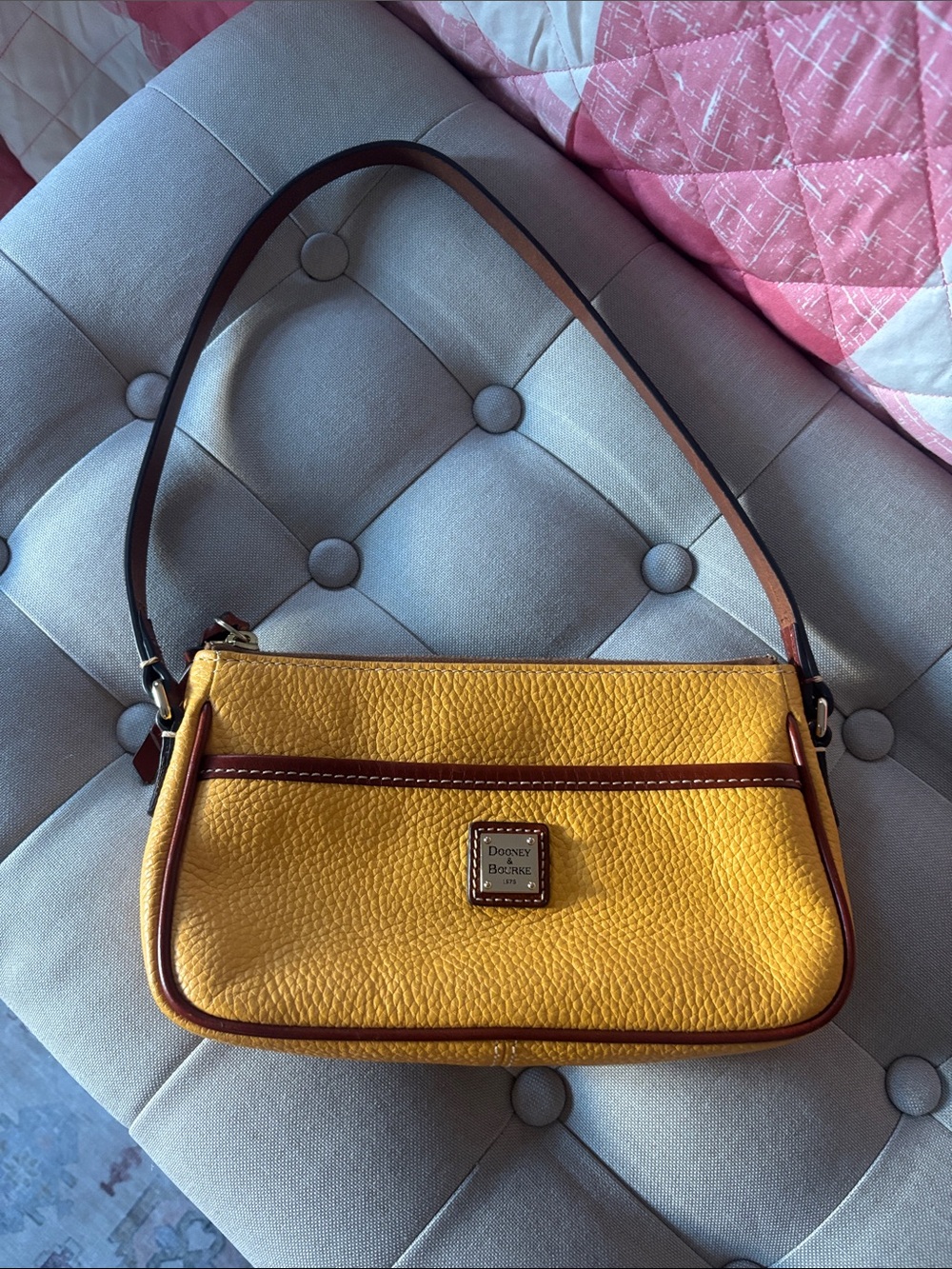 Dooney & Bourke Yellow Pebbled Leather Pouchette  Shoulder Bag with Brown Trim